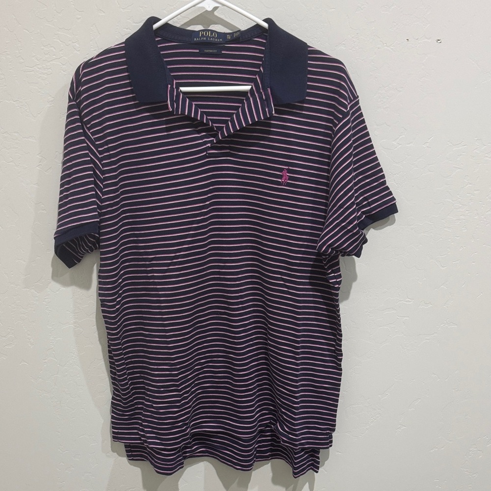 Ralph Lauren Men's Navy and Pink Striped Polo Shirt
